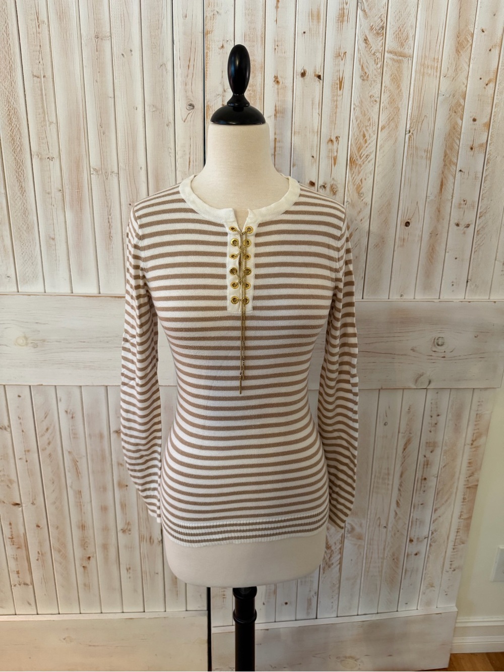 Michael Kors Striped Long-Sleeve Tee in Cream & Gold